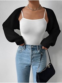 Resim Moibody Triko Örgü Reglan Kol Bolero Hırka Kore Tarzı 4 Mevsim Siyah 