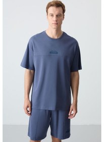 Resim Tommy Life Petrol Pamuklu Kalın Yumuşak Dokulu Oversize Fit Basic Erkek Şort Takım - 85259 