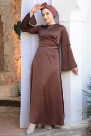 Resim N.S NEVA STYLE Saten Kahverengi Tesettür Abiye Elbise 61592KH 
