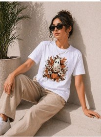 Resim Kadın Balkabağı Hayalet Baskılı Tişört Kısa Kol Yazlık T-shirt - Beyaz 