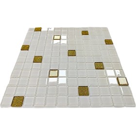Resim MozaiKristaL Mutfak Tezgah Arası, Havuz, Banyo, Sauna, Spa, ve Yaşam Alanlarının Tüm Yüzeyleri İçin. 23X23MM Beyaz-Altın Sim Karışım 30X30CM. Fileli Kristal Cam Mozaik. 