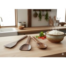 Resim Doğal Ahşap 6 Parça Mutfak Gereçleri Seti Yemek Pişirme Ve Servis Seti Kaşık, Spatula, Kevgir, Salata Servis Kaşığı Sağlıklı, Dayanıklı Ve Şık Tasarım 