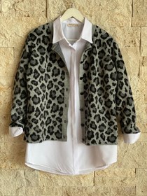 Resim HatunAtila Kadın Triko Leopar Hırka - 25176 - Gri / Standart - Oversize 