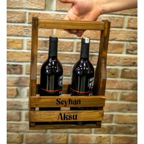 Resim BK Kişiye Özel Isimli Doğal Ahşap Bira ve Şarap Taşıyıcı Stand 