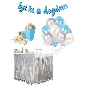 Resim Mavi-gümüş 20 Adet Balon Banner Mısır Kutusu Masa Eteği Doğum G 