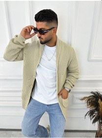 Resim Elku Moda Hırka Örgülü Şal Yaka Cepli Lazer Kesim Yırtık Detaylı Tüylenmez Örgü Triko Hırka Krem 