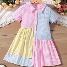 Resim Şık İki Tonlu Çizgili Kızlar Yazlık Elbise - Pembe ve Sarı ile Mavi Kollu, Makinede Yıkanabilir, Düzenli Kesim, Okul ve Günlük Geziler için Mükemmel, Kızlar için Giysiler 