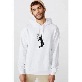 Resim Qivi Tennis Spor Baskılı Beyaz Erkek Örme Kapşonlu Sweatshirt Uzun Kol 