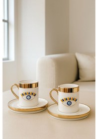 Resim 2 Kişilik Porselen Lüks Platin Kaplama Nazar Göz Kahve Fincan Takımı Seti 100ml Altın - Beyaz 