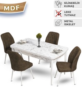 Resim Canisa Mun Serisi, 80x132 Açılabilir Mdf Masa Takımı, Beyaz Mermer Desen Masa , 4 Kahve Sandalye 