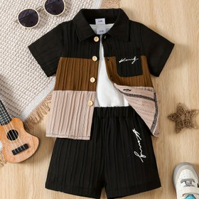 Resim Erkek Çocuk Yazlık 3 Parça Takım: Renk Bloklu Kısa Kollu Gömlek, Atlet & Şort - Makinede Yıkanabilir, Polyester, Dış Mekan İçin Mükemmel 