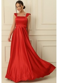 Resim By Saygı Askılı Taş Detaylı Kare Yaka Astarlı Uzun Saten Elbise-35809-kırmızı Kırmızı 