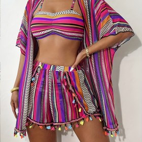 Resim Boho Chic Kadın Bikini Seti - Yüksek Esneklikli Polyester ve Elastan Karışımı, Uzun Etek Stili, Yaz tatilleri için mükemmel, Plaj Giyim|Canlı Etek Seti|Püskül Detaylı 