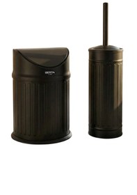 Resim Vintage İkili Banyo Seti Pratik Çöp Kovası 3lt Tuvalet Fırçası Lüks Model - Çöp Poşeti Hediye Siyah 