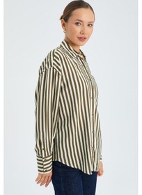 Resim Mixray 4611 Kadın Apolet Detaylı Çizgili Gömlek Haki 