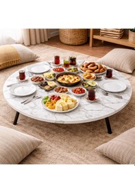 Resim 80 Cm Çap - Ahşap Kaplama Katlanabilir Yer Sofrası - Oyun Masası - 21 Cm Yükseklik Beyaz Mermer 