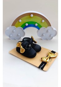 Resim Dore Fiyonklu Abiye Siyah Kız Bebek Parti Patik Bandana Seti Siyah 