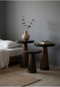 Resim AYLESA Doğal Ahşap 3’lü Set Mantar Yan Sehpa Modern Koyu Ceviz Renk Fiskos Zigon Çiçeklik 