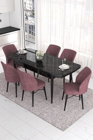 Resim Canisa Concept Eva Serisi 80x132 Açılabilir Mdf Mutfak Masası Takımı Siyah Mermer Desen 6 Gül Kurusu Sandalye 