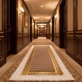 Resim Beyaz Zeminli Açık Kahverengi Camel Merkezli Peluş Halı – Yumuşak Dokulu, Şık ve Dekoratif Halı - 100x400 cm 