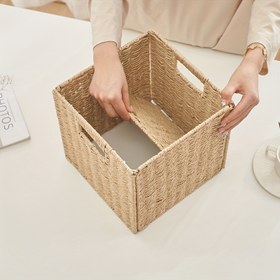 Resim Doğal Rattan Depolama Sepeti, Saplı Katlanabilir Kare Dokuma Rattan Organizatör, Yatak Odası, Oturma Odası, Raflar, Raf Sepetleri İçin Çok Amaçlı Ev Dekoru 