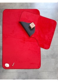 Resim Ultrasoft Düz Kırmızı 2'li Banyo Halısı Paspası Seti Kaymaz Deri Kırmızı 