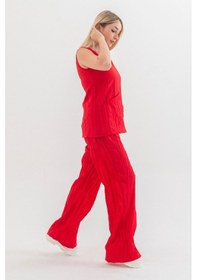 Resim Bold & Young Kraşlı Cepli Beli Lastikli Viskon Polyester Dokuma Pantolon Kırmızı 