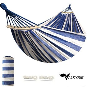 Resim Valkyrie 2 Kişilik Renkli Kanvas Hamak 260x150 CM Taşıma Çantalı Ahşap Çubuklu Bahçe Kamp Hamağı Lacivert 