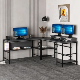 Resim Minar Greta Raflı L Köşe Çalışma Masası - Antrasit Siyah 