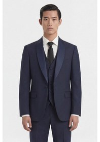 Resim Giotelli Erkek Koyu Lacivert Dar Kesim Slim Fit Viskon Dokuma Normal Bel 6 Drop Yelekli Klasik Smokin Takım Elbise 
