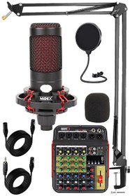 Resim Midex CXN-30 Paket-5 4 Kanal Stüdyo Kayıt Mikserli Condenser Mikrofon ve Stand Seti 
