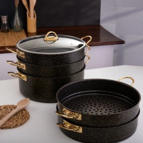 Resim Evren 6 Parça 32 cm Gold Stone Ezme Seri Buharlı Pişirici, Mantı Tencere Seti 9 Lt 