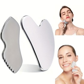 Resim 2'li Paslanmaz Çelik Gua Sha Yüz Aletleri, Kalp ve Dudak Şekli Kazıma Masaj Aleti Seti, Kokusuz Yüz ve Göz Masajı için Akupunkt Stimulation, Pil Gerekmez, Erkek ve Kadınlar için Cilt Bakımı 