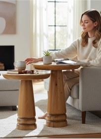 Resim ASELYA HOME Doğal Ahşap 2’li Set Mantar Yan Sehpa Modern Fiskos Zigon Çiçeklik 