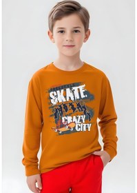 Resim Panios Kids Crazy Baskılı Erkek Çocuk Yuvarlak Yaka Turuncu Sweatshirt Turuncu 