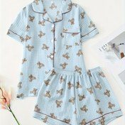 Resim 2'li Kadın Sevimli Ayı Baskılı Açık Mavi Ekose Pijama Takımı - Kısa Kollu Düğmeli Üst & Elastik Bel Şort, Yumuşak Polyester Karışımı, Makinede Yıkanabilir - Sevimli Hayvan Desenli Uyku Giyim/Ev Giyim 