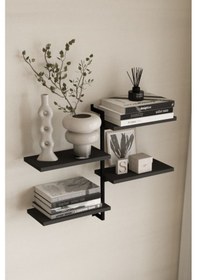 Resim Aju 4 Katlı Duvar Rafı Metal Çerçeveli Dekoratif Kitaplık Ve Raf Ünitesi Modern Ve Minimalist Tasarım Siyah 