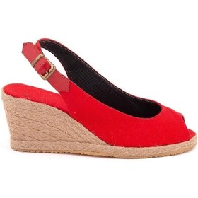 Resim Gerçek Elişi Burnu Açık Arkası Bantlı Dolgu Topuk Kırmızı Keten Hasır Espadril Handmade Kırmızı 