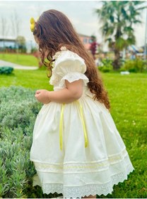 Resim H L Y Karol Tasarım Sarı Kurdaleli Vintage Kız Bebek Elbise,doğum Günü Elbise,fotoğraf Çekim Elbise,0-12 Yaş Uygun KREM 
