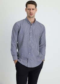 Resim Koyu Lacivert Uzun Kol Slim Fit Dar Kesim Çizgili Spor Pamuklu Gömlek 