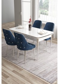 Resim Canisa Tia Serisi 80x132 Açılabilir Mdf Krom Detay Beyaz Yemek Masası Ve 4 Lacivert Sandalye Masa Beyaz Sandalye Lacivert 