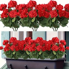 Resim 60 Adet UV Dayanıklı Yapay Pelargonium Çiçek - Parlak Kırmızı ve Yeşil Yapraklı, İç/Dış Mekanlar için Dayanıklı Plastik Asma Dekorasyon, Bahçeler, Teraslar, Düğünler, Mezuniyetler, Ev Merkez Süslemeleri & Sonbahar Şükran Günü Dekoru, Bakım Gerektirmez, Gerçekçi Çiçek Tasarımı, Dış Mekana Uygun 