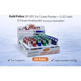 Resim Decostyle Gold Police GP-001 3 In 1 Laser Pointer + 2 LED Işıklı El Feneri Anahtarlıklı 24 Adet 