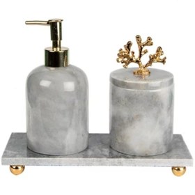Resim Sümeyra Marble Art Dekoratif Doğal Gri Mermer Banyo Seti Gold Mercan Detaylı 3lü Banyo Takımı 