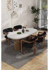 Resim Avvio White Serisi Bohem Ayak 4'lü Tokyo Metal Demonte Sandalye 80x140 Masa Sandalye Takımı Beyaz Masa Sandalye Kahve Kumaş Siyah 