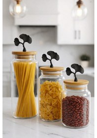 Resim 3'lü Bambu Kapaklı Mat Siyah Ginkgo Figürlü Şeffaf Cam Kavanoz Cam Saklama Kabı 635/890/1400ml Çok renkli 