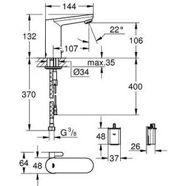 Resim Grohe Eurosmart Cosmopolitan E Fotoselli Lavabo Bataryası, Çift Su Girişli Pilli - 36327001 