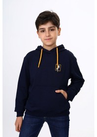 Resim Toontoy Kids Toontoy Erkek Çocuk Relax Fit Kapüşonlu Cepli Hafif Düşük Omuz Baskılı Sweatshirt - 2 İplik Lacivert 