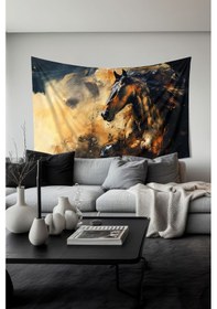 Resim Altın Siyah At Desenli Duvar Halısı Duvar Örtüsü Tapestry Süet Dokulu Kumaş 
