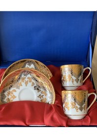 Resim Güral Porselen El Dekoru 2 Kişilik Altın Yaldızlı Türk Kahve Finc 